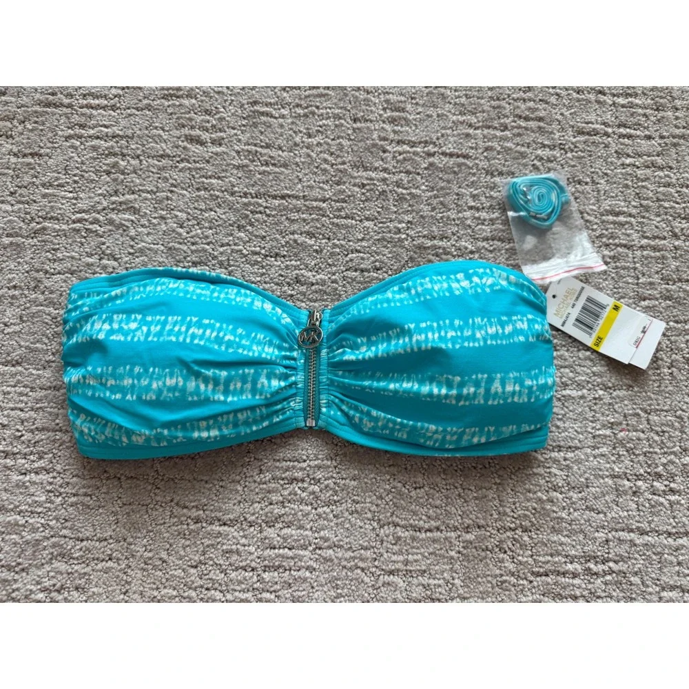 Michael Kors Bandeau Bikini Top Womens M Turquoise NWT Zip Front Tie Dye MM4J474